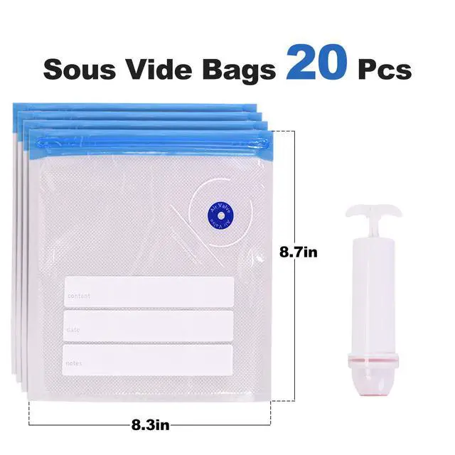 Alt view image 2 of 7 - Sous Vide Bags, 20 PCS 8"X9" Reusable Vacuum Seal Bags for Food,Vacuum Zipper Sealer Bag with Hand Pump, Sous Vide Cooking,Freezer Safe,Microwave Heating and Food Storage