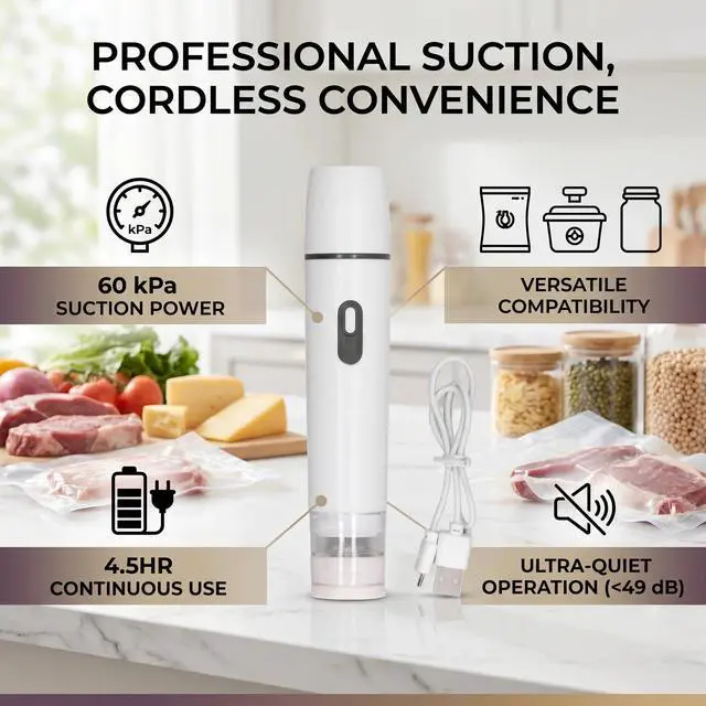Alt view image 3 of 7 - Electric Vacuum Sealer Cordless Rechargeable Handheld Food Preserver with 60KPa Suction Power for Kitchen Storage White