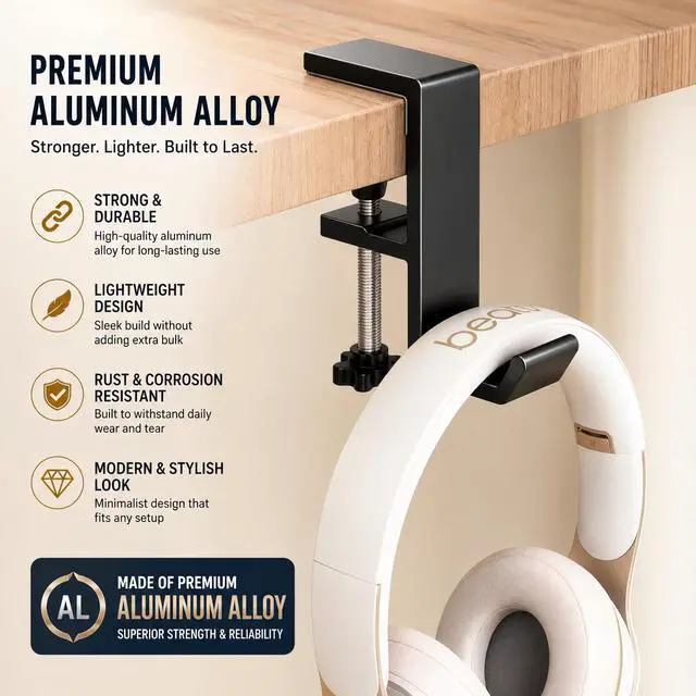 Alt view image 3 of 7 - Headphone Stand - Aluminum Alloy Headphone Holder, Under Headset Stand for Desk Fit for PC Gaming Headset Hanger Hook Suitable for Office, Computer, Student Class Desk, Handmade Creator Table