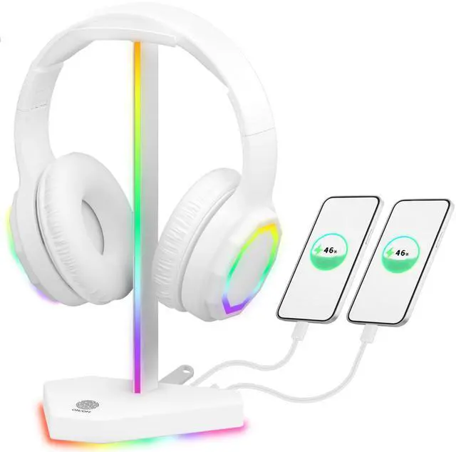 Main image of RGB Headphone Stand with 2 USB-C Charging Port and 1 USB Charging Port, Desk Gaming Headset Holder with 7 Light Modes and Non-Slip Rubber Base Suitable for All Earphone Accessories (White)