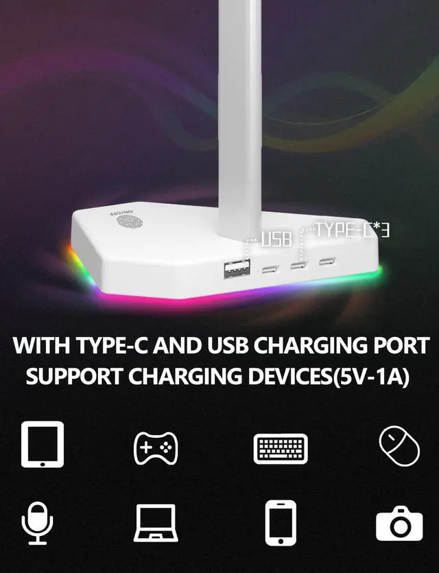 Alt view image 2 of 6 - RGB Headphone Stand with 2 USB-C Charging Port and 1 USB Charging Port, Desk Gaming Headset Holder with 7 Light Modes and Non-Slip Rubber Base Suitable for All Earphone Accessories (White)