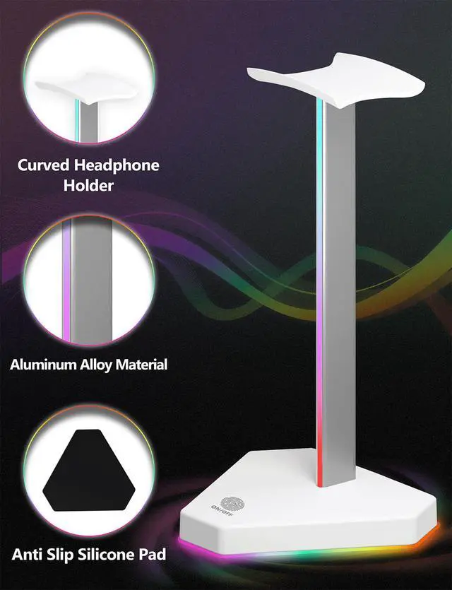 Alt view image 5 of 6 - RGB Headphone Stand with 2 USB-C Charging Port and 1 USB Charging Port, Desk Gaming Headset Holder with 7 Light Modes and Non-Slip Rubber Base Suitable for All Earphone Accessories (White)