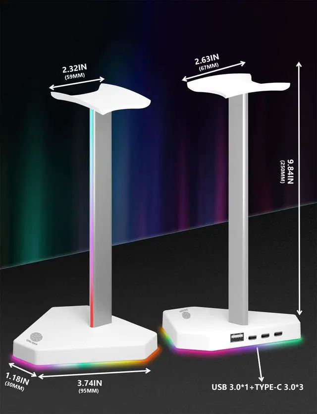 Alt view image 6 of 6 - RGB Headphone Stand with 2 USB-C Charging Port and 1 USB Charging Port, Desk Gaming Headset Holder with 7 Light Modes and Non-Slip Rubber Base Suitable for All Earphone Accessories (White)