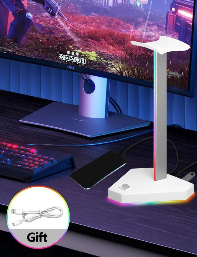 Alt view image 4 of 6 - RGB Headphone Stand with 2 USB-C Charging Port and 1 USB Charging Port, Desk Gaming Headset Holder with 7 Light Modes and Non-Slip Rubber Base Suitable for All Earphone Accessories (White)