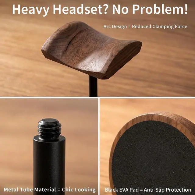 Alt view image 4 of 7 - Headphone Holder Stand for Desk, Wood and Metal Headset Hanger Mount Hook Gaming Holder Desktop Earphone Artful Functional Craftsmanship Stand for All Headsets with Solid Wooden Base