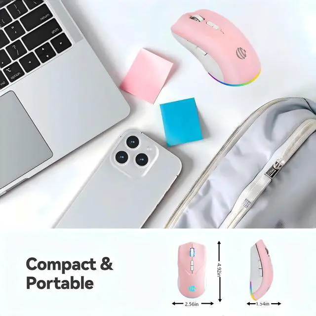 Alt view image 7 of 7 - Wireless Mouse, Bluetooth Mouse for Laptop, Rechargeable, Dual Mode (BT 5.2 + 2.4G ) Silent Wireless Bluetooth Pnk Mouse, Laptop Mouse,Ergonomic Design, 3-Level Adjustable DPI Mouse for iPad, Mac, PC
