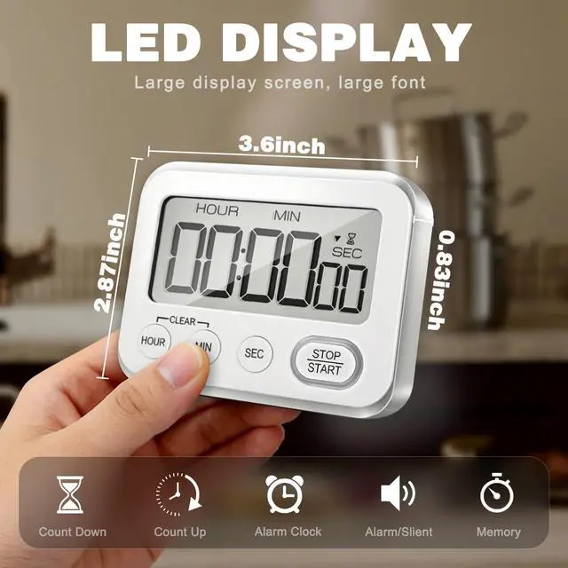Alt view image 2 of 6 - Digital Kitchen Timer Magnetic Loud Alarm, Large LCD Screen Silent/Beeping Multi-Function for Teachers Classroom Kids, Silver