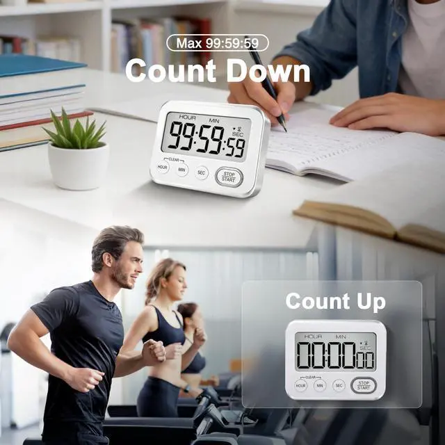 Alt view image 3 of 6 - Digital Kitchen Timer Magnetic Loud Alarm, Large LCD Screen Silent/Beeping Multi-Function for Teachers Classroom Kids, Silver