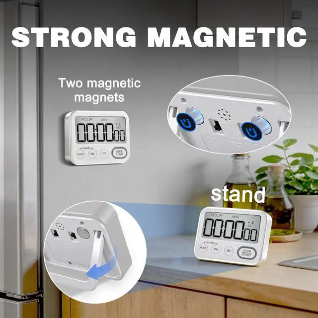 Alt view image 4 of 6 - Digital Kitchen Timer Magnetic Loud Alarm, Large LCD Screen Silent/Beeping Multi-Function for Teachers Classroom Kids, Silver
