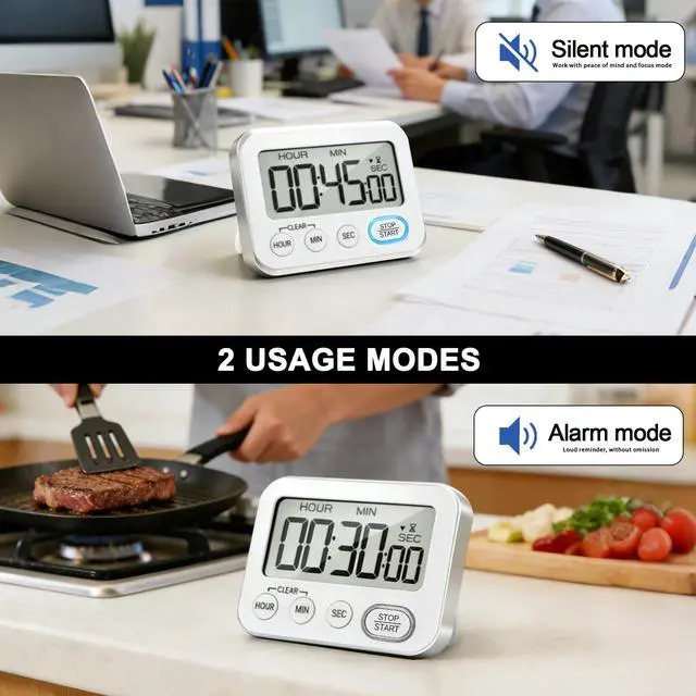 Alt view image 5 of 6 - Digital Kitchen Timer Magnetic Loud Alarm, Large LCD Screen Silent/Beeping Multi-Function for Teachers Classroom Kids, Silver