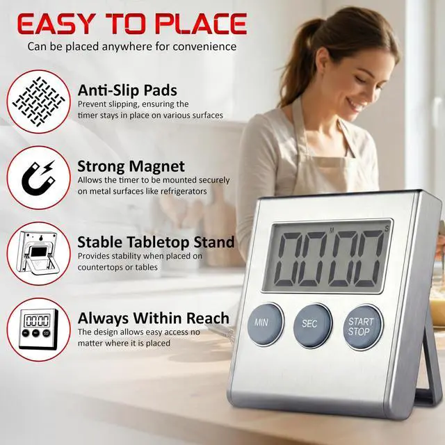 Alt view image 5 of 7 - Digital Kitchen Timer with Loud 80dB Alarm & Large Display