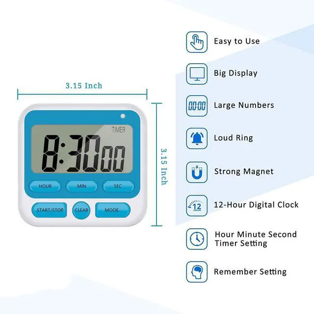 Alt view image 3 of 7 - Upgraded Digital Kitchen Timer, ON/Off Switch, 12/24 Hour Clock and Silent Timers, Count Up & Count Down for Kids Teachers Cooking Games Office, Large LCD Display, Loud Alarm and Strong Magnet (Blue)