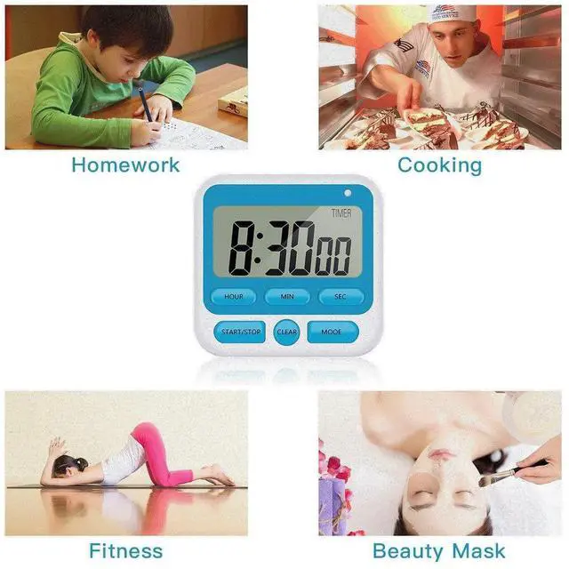 Alt view image 5 of 7 - Upgraded Digital Kitchen Timer, ON/Off Switch, 12/24 Hour Clock and Silent Timers, Count Up & Count Down for Kids Teachers Cooking Games Office, Large LCD Display, Loud Alarm and Strong Magnet (Blue)