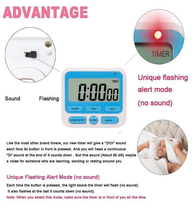 Alt view image 6 of 7 - Upgraded Digital Kitchen Timer, ON/Off Switch, 12/24 Hour Clock and Silent Timers, Count Up & Count Down for Kids Teachers Cooking Games Office, Large LCD Display, Loud Alarm and Strong Magnet (Blue)