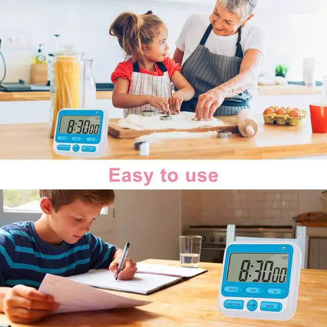 Alt view image 7 of 7 - Upgraded Digital Kitchen Timer, ON/Off Switch, 12/24 Hour Clock and Silent Timers, Count Up & Count Down for Kids Teachers Cooking Games Office, Large LCD Display, Loud Alarm and Strong Magnet (Blue)