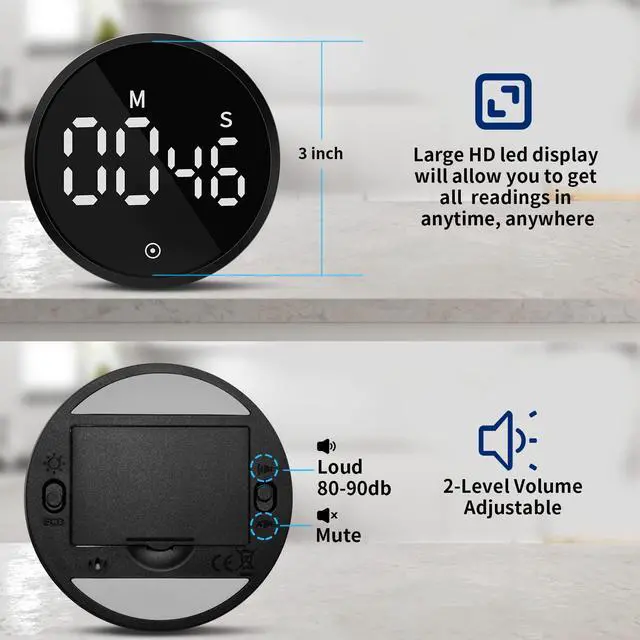 Alt view image 5 of 7 - Kitchen Timer Magnetic Classroom Timer for Kids, Rotation Countdown Countup Timer Large LED Display with Volume & Brightness Adjustable for Cooking/Exercise, Easy to Use Even for Seniors or Children