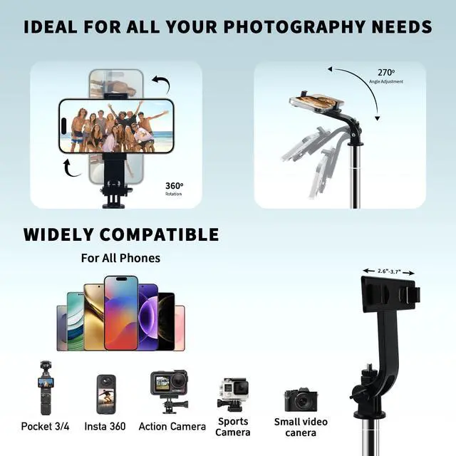 Alt view image 2 of 7 - 74" Selfie Stick Phone Tripod for iPhone Android Pockte3/4 Insta360 Camera