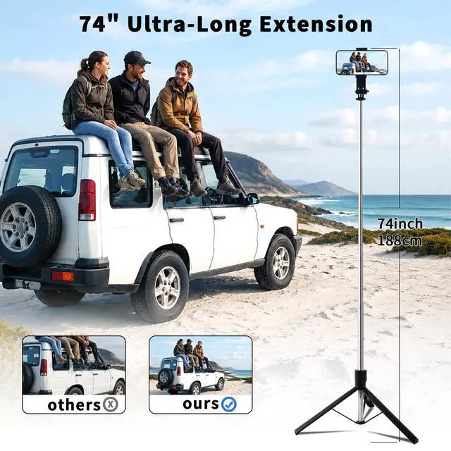 Alt view image 3 of 7 - 74" Selfie Stick Phone Tripod for iPhone Android Pockte3/4 Insta360 Camera