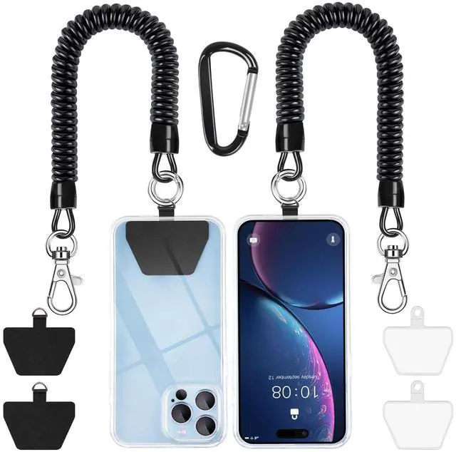 Main image of Phone Lanyard Tether, Anti Theft Spring Phone Strap, 4 x Phone Pacthes & Climbing Hook Universal Phone Lanyard for Keys Outdoor Skiing Hiking Fishing Fitting for All Smartphones - 2PCS Black