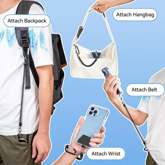 Alt view image 3 of 7 - Phone Lanyard Tether, Anti Theft Spring Phone Strap, 4 x Phone Pacthes & Climbing Hook Universal Phone Lanyard for Keys Outdoor Skiing Hiking Fishing Fitting for All Smartphones - 2PCS Black