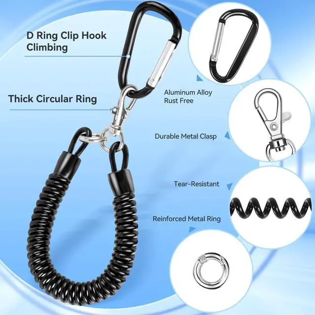 Alt view image 4 of 7 - Phone Lanyard Tether, Anti Theft Spring Phone Strap, 4 x Phone Pacthes & Climbing Hook Universal Phone Lanyard for Keys Outdoor Skiing Hiking Fishing Fitting for All Smartphones - 2PCS Black