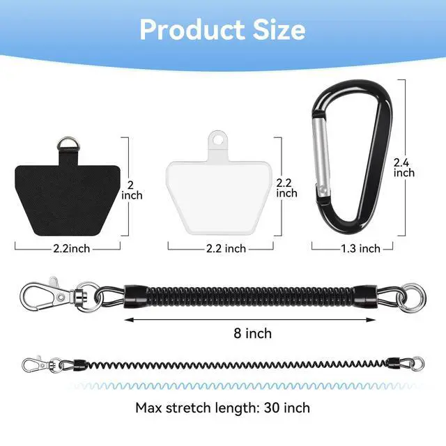 Alt view image 5 of 7 - Phone Lanyard Tether, Anti Theft Spring Phone Strap, 4 x Phone Pacthes & Climbing Hook Universal Phone Lanyard for Keys Outdoor Skiing Hiking Fishing Fitting for All Smartphones - 2PCS Black