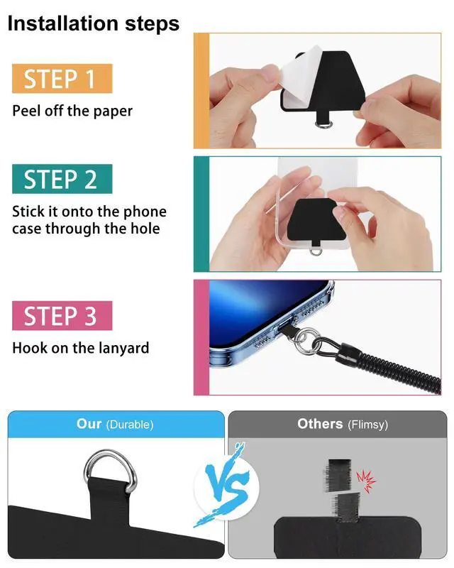 Alt view image 6 of 7 - Phone Lanyard Tether, Anti Theft Spring Phone Strap, 4 x Phone Pacthes & Climbing Hook Universal Phone Lanyard for Keys Outdoor Skiing Hiking Fishing Fitting for All Smartphones - 2PCS Black