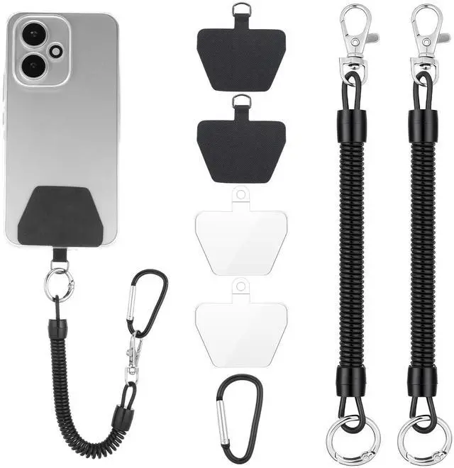 Main image of 2 PCS Phone Lanyard Tether with Patch, Phone Leash Anti-theft Phone Strap with 4 Patch & 1 Carabiner Anti-Drop Outdoor Accessory Fit Most Cell Phones for Skiing Hiking Cycling Climbing