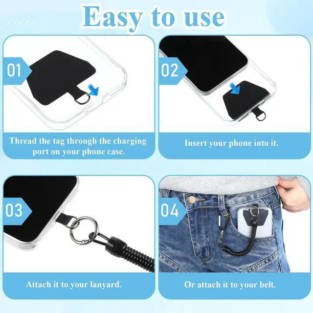 Alt view image 4 of 7 - 2 PCS Phone Lanyard Tether with Patch, Phone Leash Anti-theft Phone Strap with 4 Patch & 1 Carabiner Anti-Drop Outdoor Accessory Fit Most Cell Phones for Skiing Hiking Cycling Climbing
