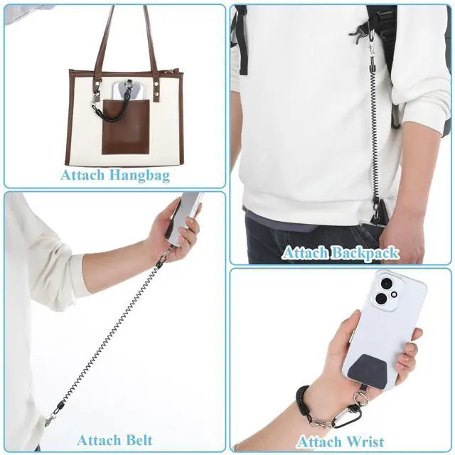 Alt view image 5 of 7 - 2 PCS Phone Lanyard Tether with Patch, Phone Leash Anti-theft Phone Strap with 4 Patch & 1 Carabiner Anti-Drop Outdoor Accessory Fit Most Cell Phones for Skiing Hiking Cycling Climbing