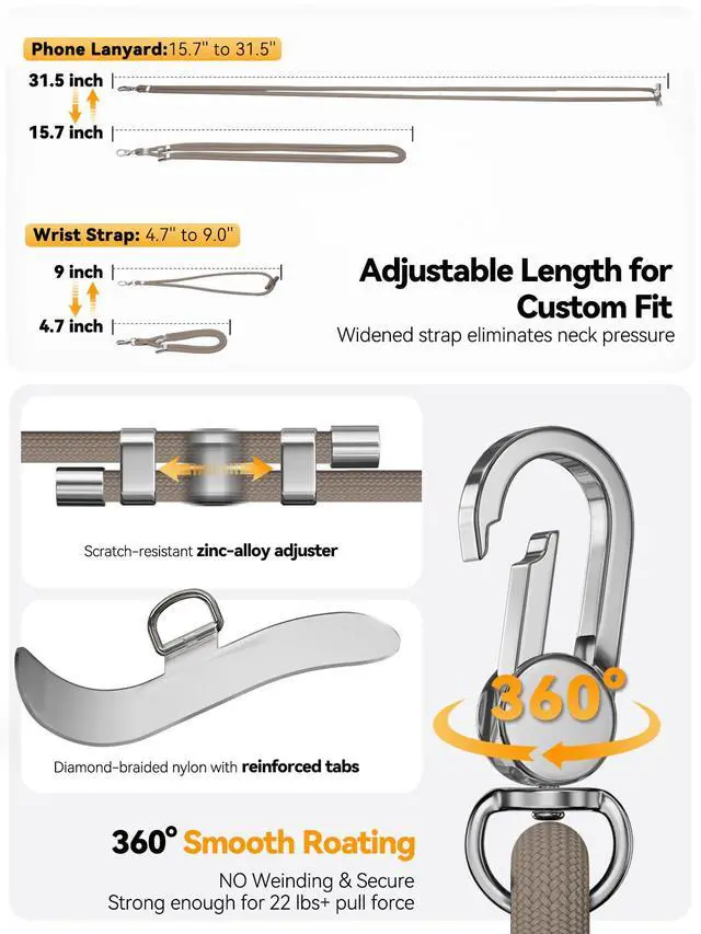 Alt view image 5 of 6 - 4-IN-1 Phone Lanyard, Adjustable Cell Phone Lanyard with 2 Tether Tabs, Men Women Wrist Strap for iPhone,Smartphone