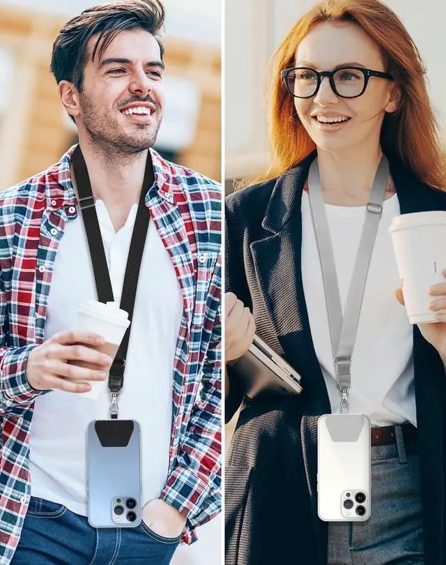 Alt view image 7 of 7 - Phone Lanyard, 2 Pack Phone Lanyard Strap 2 Pcs Durable Tether Tab Patches Universal Nylon Phone Neck Phone Charm Lanyard Compatible for iPhone, All Most Smartphones (Black, Grey)