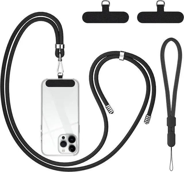 Main image of Cell Phone Lanyard, Crossbody Phone Lanyard 1 Pack Adjustable Neck Strap and 1 Pcs Phone Wrist Strap with 2x Phone Tether Patches for Most Smartphones-Black
