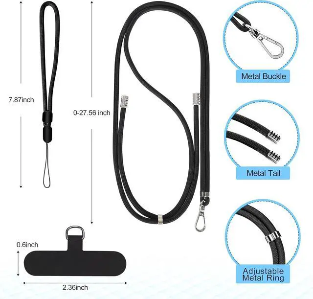 Alt view image 3 of 7 - Cell Phone Lanyard, Crossbody Phone Lanyard 1 Pack Adjustable Neck Strap and 1 Pcs Phone Wrist Strap with 2x Phone Tether Patches for Most Smartphones-Black