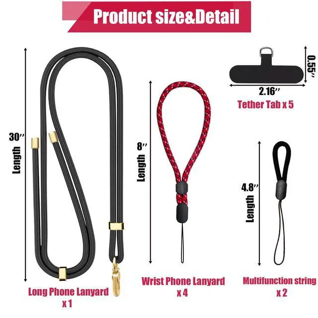 Alt view image 5 of 7 - Phone Lanyard Crossbody, 30" Adjustable Neck Strap, 8" Wrist Straps, Small Finger Strings with Universal Phone Patch, Anti-Theft Solution for Men and Women, Indoor/Outdoor Use, Case Friendly
