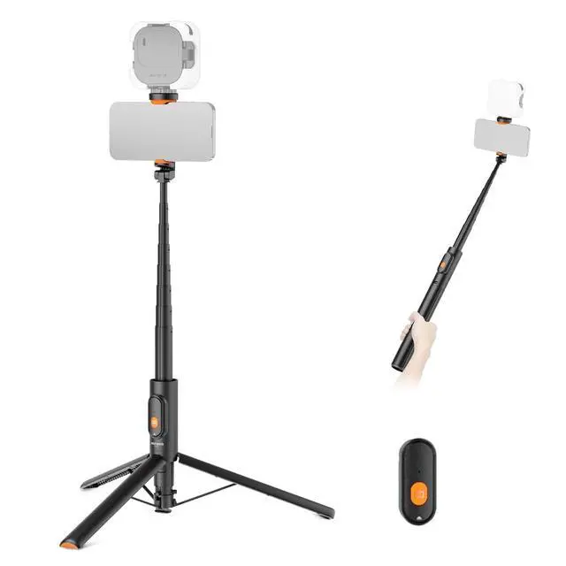 Main image of 57.9" Selfie Stick Tripod Compatible with iPhone Samsung Android, Metal Portable Lightweight Travel Cell Phone Stand with Phone Holder Mount & Remote for Video Recording Filming, PA992 Black