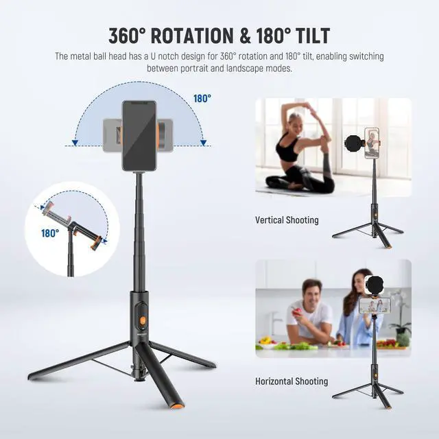 Alt view image 3 of 7 - 57.9" Selfie Stick Tripod Compatible with iPhone Samsung Android, Metal Portable Lightweight Travel Cell Phone Stand with Phone Holder Mount & Remote for Video Recording Filming, PA992 Black
