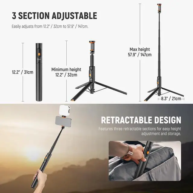 Alt view image 2 of 7 - 57.9" Selfie Stick Tripod Compatible with iPhone Samsung Android, Metal Portable Lightweight Travel Cell Phone Stand with Phone Holder Mount & Remote for Video Recording Filming, PA992 Black