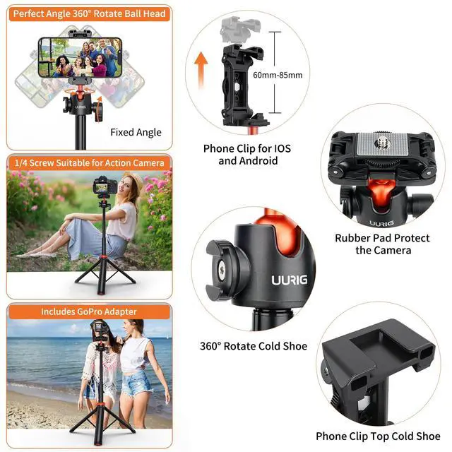 Alt view image 4 of 6 - 52" Extendable Phone Tripod with Remote Selfie Stick 360° Ball Head Camera Tripod with 2 in 1 Phone Clip Cell Phone Stand for iPhone 16/15/14/13/12 Pro Max/Samsung/GoPro/DJI Action