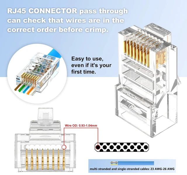 Alt view image 2 of 7 - 50 Pack RJ45 Connector Pass Through Cat5E, 10Gbps