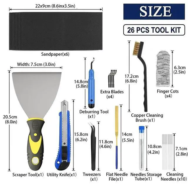 Alt view image 2 of 7 - 26 PCS 3D Printer Tools Kit for All FDM/SLA Printers with Nozzle Cleaner, Scraper, Brushes,Deburring Tool,Sandpaper