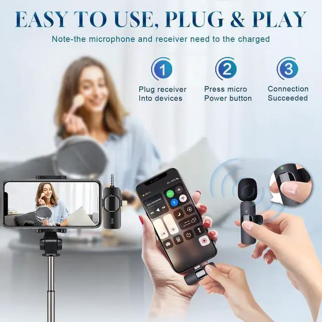 Alt view image 4 of 6 - 3 in 1 Wireless Lavalier Microphone for iPhone, iPad, Android, Camera,12-Hour Battery, mini Noise Reduction Recording Mic 2.4G Ultra-Low Delay, Microphone for Vlog/ TikTok/YouTube Live Stream( 2 Mic)