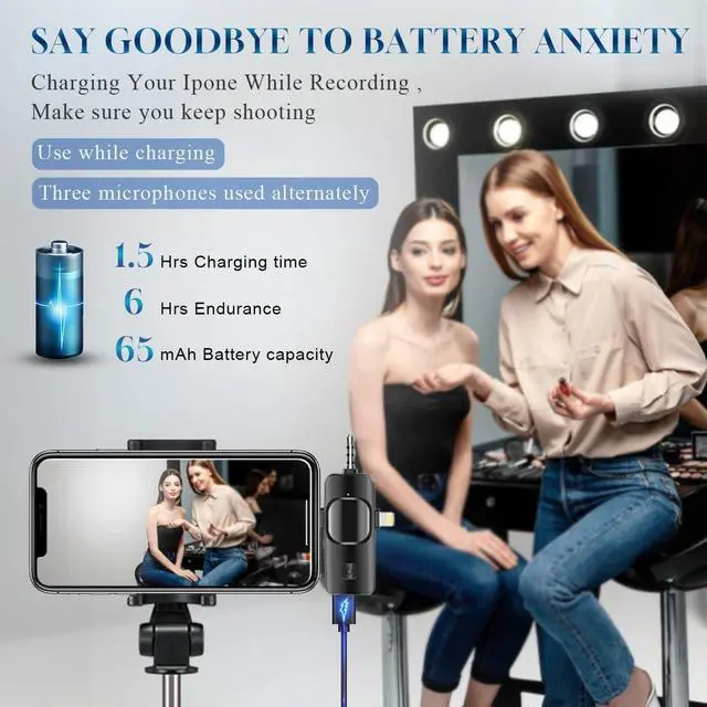 Alt view image 5 of 6 - 3 in 1 Wireless Lavalier Microphone for iPhone, iPad, Android, Camera,12-Hour Battery, mini Noise Reduction Recording Mic 2.4G Ultra-Low Delay, Microphone for Vlog/ TikTok/YouTube Live Stream( 2 Mic)