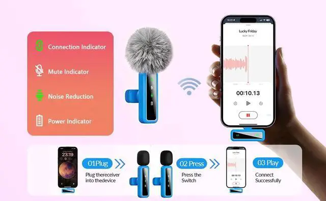 Alt view image 4 of 7 - Wireless Lavalier Microphone for iPhone - iPad, Android Phone Computer, Mini Microphone for Live Streaming, Video Recording, Outdoor or Indoor Interviews, YouTube, TikTok, Vlog (Blue)