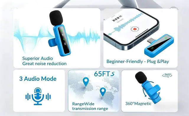 Alt view image 3 of 7 - Wireless Lavalier Microphone for iPhone - iPad, Android Phone Computer, Mini Microphone for Live Streaming, Video Recording, Outdoor or Indoor Interviews, YouTube, TikTok, Vlog (Blue)
