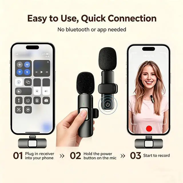 Alt view image 2 of 7 - Wireless Lavalier Microphone for iPhone Android, 2Pcs Mini Mic, Plug & Play