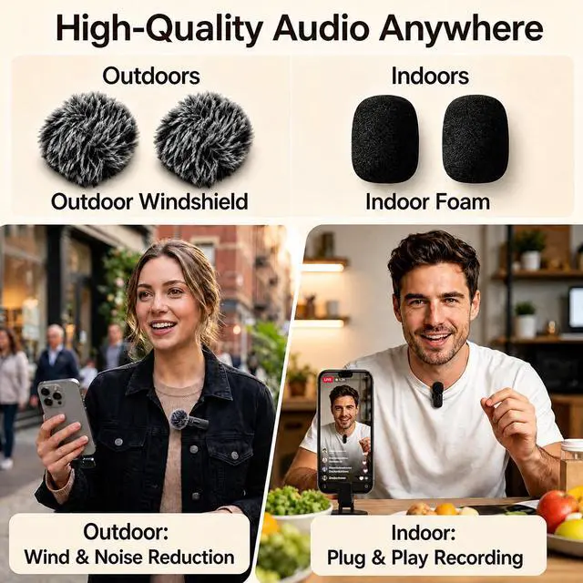 Alt view image 3 of 7 - Wireless Lavalier Microphone for iPhone Android, 2Pcs Mini Mic, Plug & Play