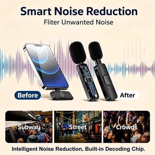 Alt view image 4 of 7 - Wireless Lavalier Microphone for iPhone Android, 2Pcs Mini Mic, Plug & Play