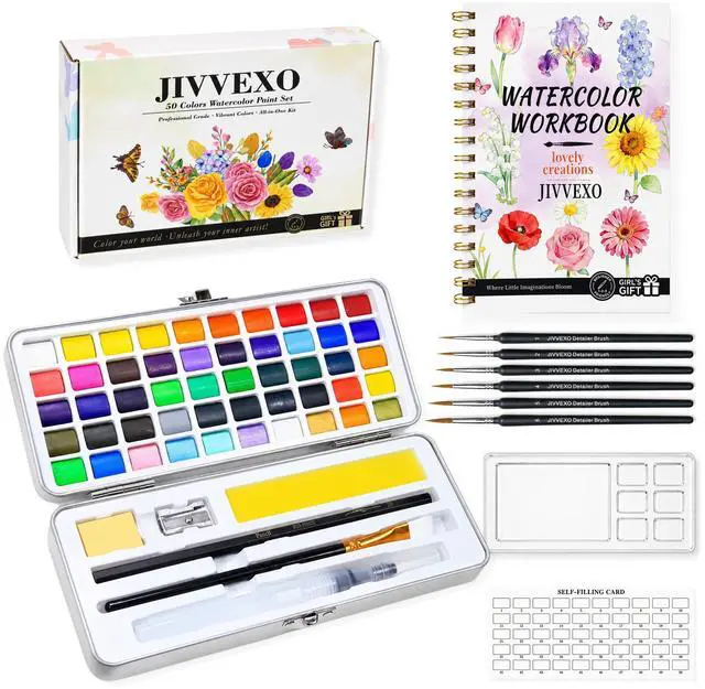 Main image of 50 Colors Watercolor Paint Set with Watercolor Workbook for Adults