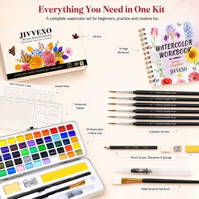 Alt view image 3 of 7 - 50 Colors Watercolor Paint Set with Watercolor Workbook for Adults